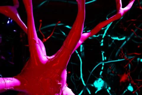 Vibrant digital art installation of neuron with pink and blue glowing connect Stock Illustration