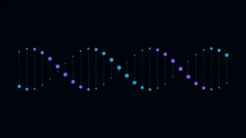 A vibrant digital dna strand glowing with blue and purple circular particles Stock Footage 339618430