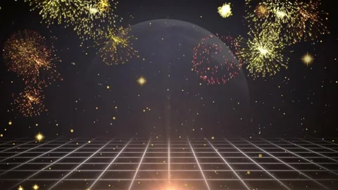 Vibrant digital fireworks explode in futuristic grid Stock-Footage 337524044