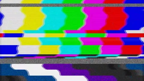 Vibrant digital glitch and static noise on television broadcast screen. 4K Stock Footage 345778583