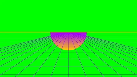 A vibrant digital landscape featuring a glowing sunset on a green grid plane Stock Footage 340266714