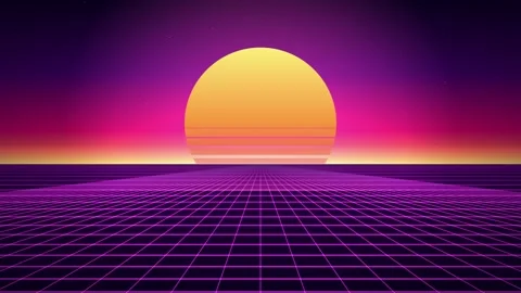 A vibrant digital landscape featuring a glowing yellow sunset over a purple.. Stock Footage 346723393