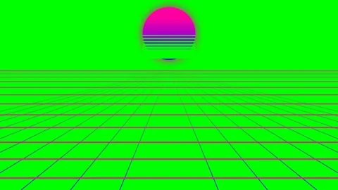 A vibrant digital landscape with a pink sun over a neon green grid plane Vídeos de archivo 340902758