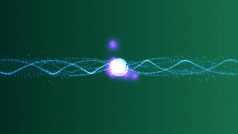 Vibrant digital wave pattern with glowing orb on green background 스톡 일러스트