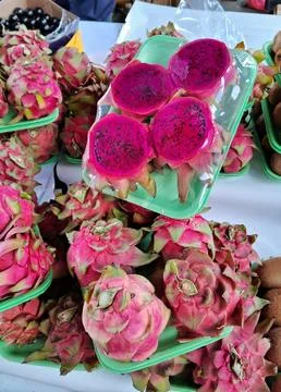 Vibrant display of dragon fruit Stock Photos