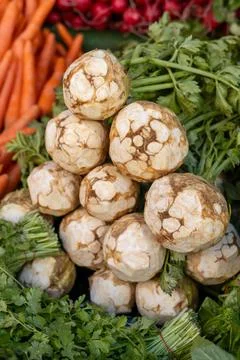 A vibrant display of fresh celery root vegetables showcases a stack of unique Stock Photos