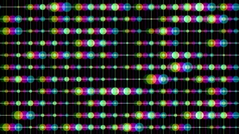 Vibrant display of glowing, overlapping circles and a linear grid creating a Stock Footage 345375097