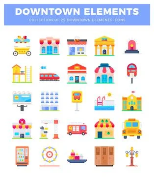 Vibrant downtown element icons. set against a clean white background. showc.. Illustrazione stock
