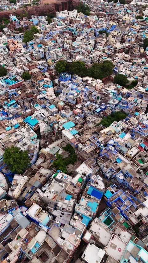 Vibrant drone footage of densely packed blue buildings in Jodhpur Stock Footage 310659965