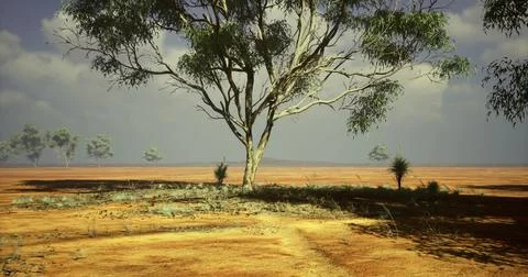 Vibrant dry landscape with a single tree under a clear blue sky 스톡 일러스트