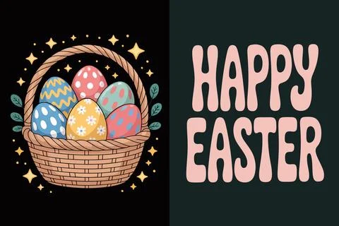 Vibrant easter basket with colorful eggs, flowers, and bunnies on dark gree.. Illustrazione stock