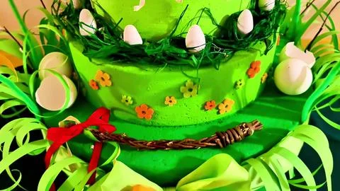 A Vibrant Easter Cake Adorned with Colorful Decorations and Decorative Eggs for Stock Photos