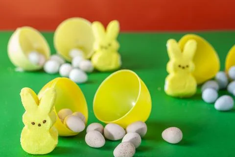 Vibrant easter concept with bunnies and eggs Stock Photos