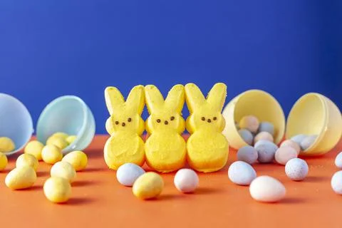 Vibrant easter concept with bunnies and eggs Stock Photos