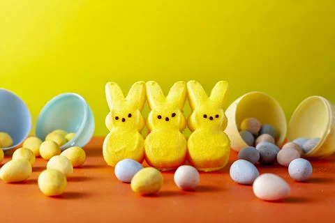 Vibrant easter concept with bunnies and eggs Stock Photos