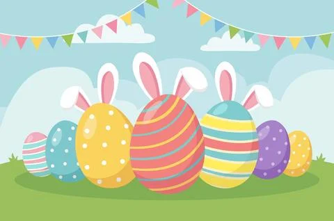 Vibrant Easter Eggs with Bunny Ears and Bunting Flags on a Grassy Hill Stock Illustration