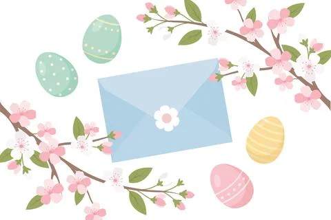Vibrant Easter Eggs, Cherry Blossoms, and a Greeting Envelope on a White Ba.. Illustrazione stock