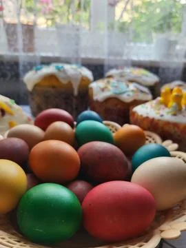 Vibrant Easter eggs on the holiday table Stock Photos