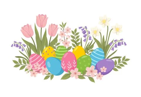 Vibrant Easter Eggs Surrounded by a Bouquet of Spring Flowers Illustration Stock Illustration