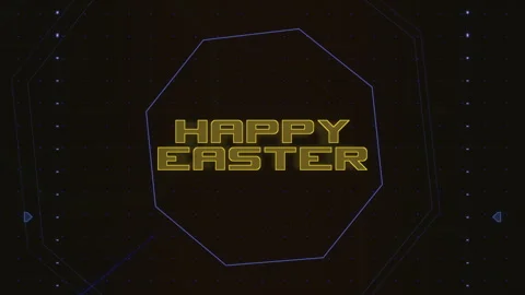 Vibrant easter geometric pattern blue and yellow design with Happy Easter text Stock Footage 263696110