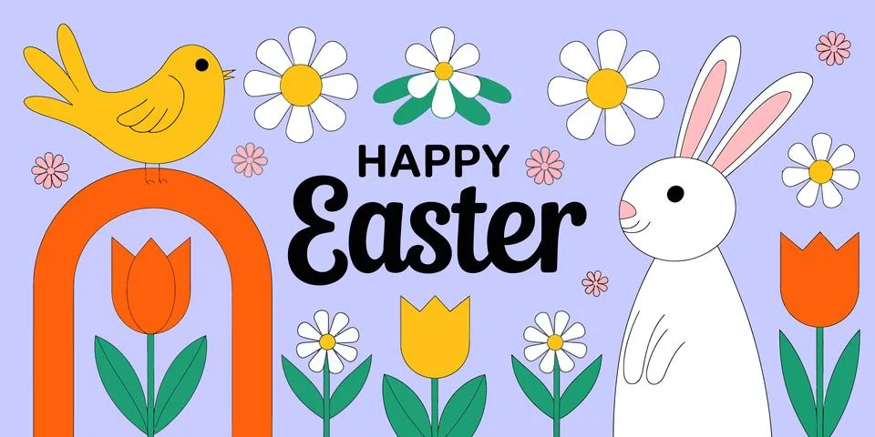 Vibrant easter greeting card featuring a white bunny with colorful spring f.. Illustrazione stock