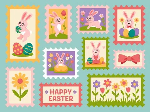 Vibrant easter postage stamp set featuring bunnies, eggs, flowers, and spri.. 库存插图