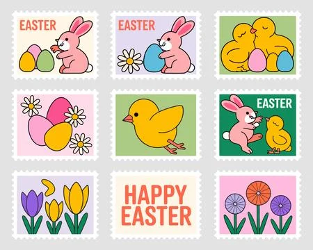 Vibrant easter postage stamp set featuring bunnies, eggs, and floral bunny .. Stock Illustration