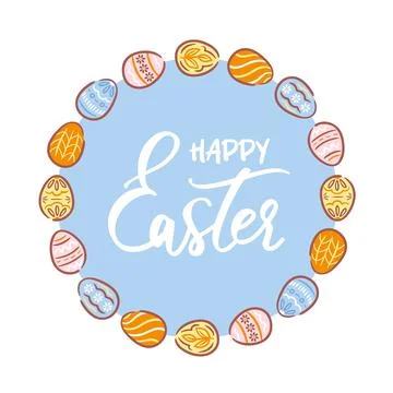 A vibrant Easter wreath made of colorful eggs, adorned with delicate patter.. Stock Illustration