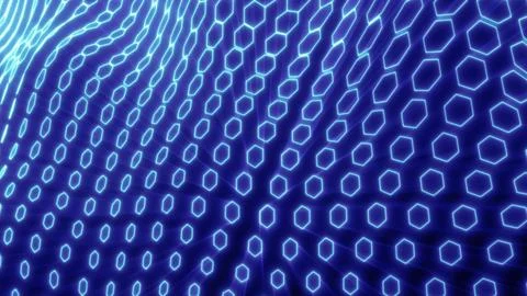 Vibrant electric blue hexagonal mesh with glowing edges, flowing dynamicall.. Stock Illustration