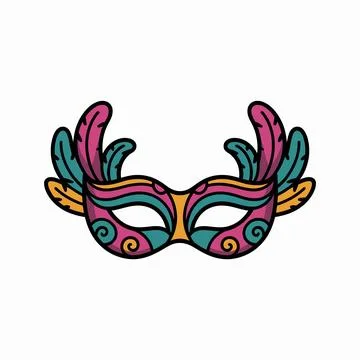 Vibrant feathered mask with swirl patterns in pink, teal, and purple hues f.. Illustrazione stock