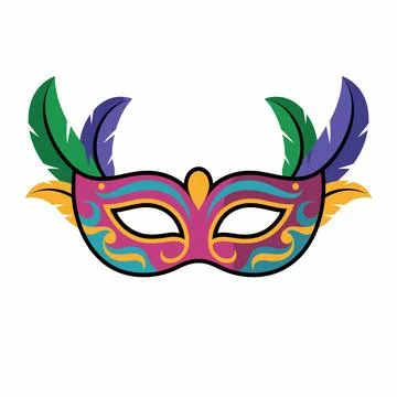 Vibrant feathered mask with swirling patterns and green, purple, yellow fea.. Illustrazione stock