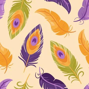 A vibrant, featuring multicolored peacock and parrot feathers in a bohemian Stockillustratie