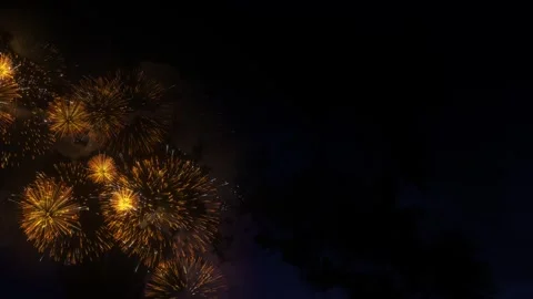 Vibrant festive fireworks exploding against dark night sky, shimmering golden Stock Footage 287373115