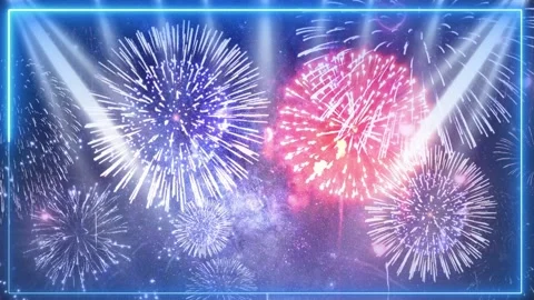 Vibrant fireworks display with blue neon frames Stock Footage 337445009