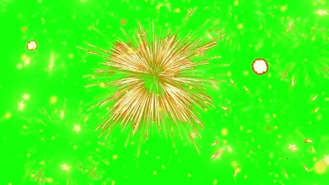 Vibrant fireworks display with golden spark patterns against bright green night Stock Footage 345863891
