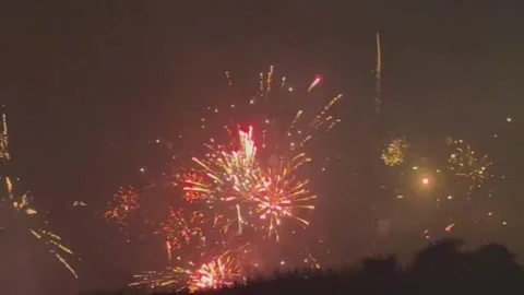 Vibrant fireworks display lighting up the night sky Stockbeeldmateriaal 334269378