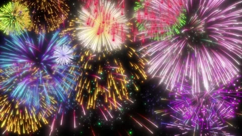 Vibrant fireworks display lighting up nighttime sky with colorful explosions Stock Footage 345864789