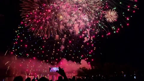 Vibrant fireworks display lights up the night sky with joyful crowd Stock Footage 323936987