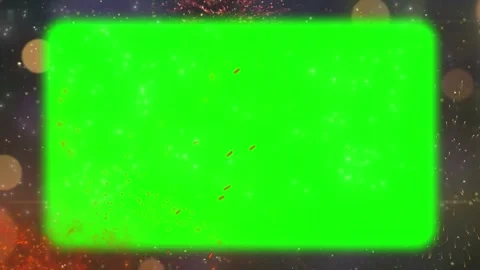 Vibrant fireworks display surrounding a central green screen rectangular frame Stock Footage 338993386