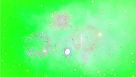 Vibrant fireworks explode on green background with gold confetti Video stock 338221652