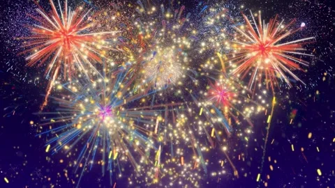 Vibrant fireworks explode in night sky with colorful sparklers Stock Footage 337445659