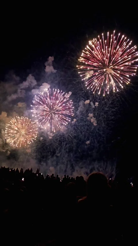 Vibrant fireworks explode in the night sky over Cannes, France, 스톡 동영상 341899213