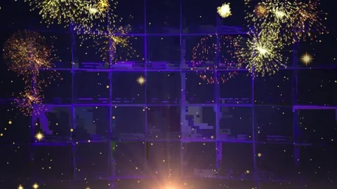 Vibrant fireworks exploding against a dark night sky with city lights Stock-Footage 337523996