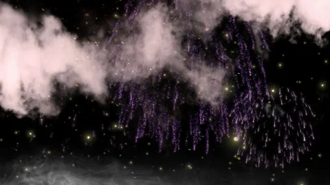 Vibrant fireworks exploding amidst thick clouds in a night sky celebration Stock Footage 338389345