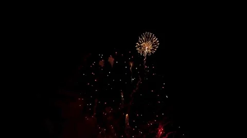 Vibrant fireworks exploding in dark night sky during celebration Stock Footage 329674137