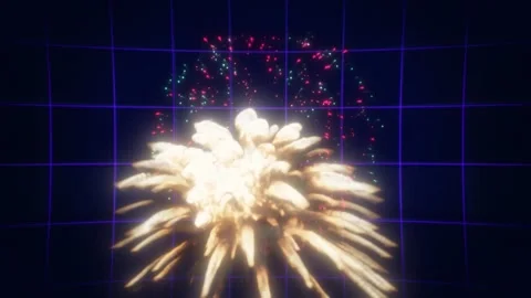 Vibrant fireworks exploding in digital grid at night Stock Footage 338216216