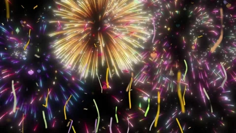 Vibrant fireworks exploding in night sky with colorful confetti Stock Footage 338235302