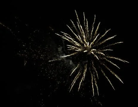 Vibrant Fireworks Exploding in Night Sky, Colorful Sparks Burst Light Up Da.. Stock Photos