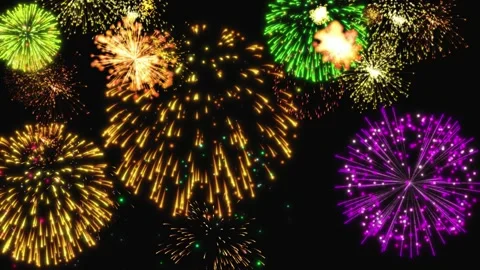 Vibrant fireworks explosion in night sky with colorful sparks and golden bursts Stock Footage 344366670