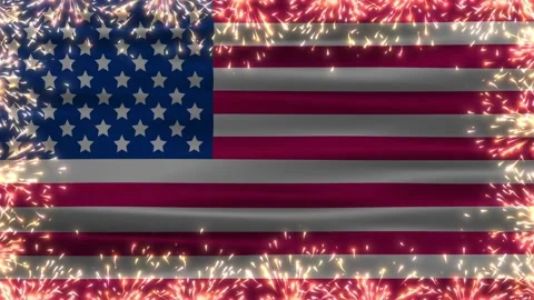 Vibrant fireworks frame on waving usa flag Stock Footage 310398949